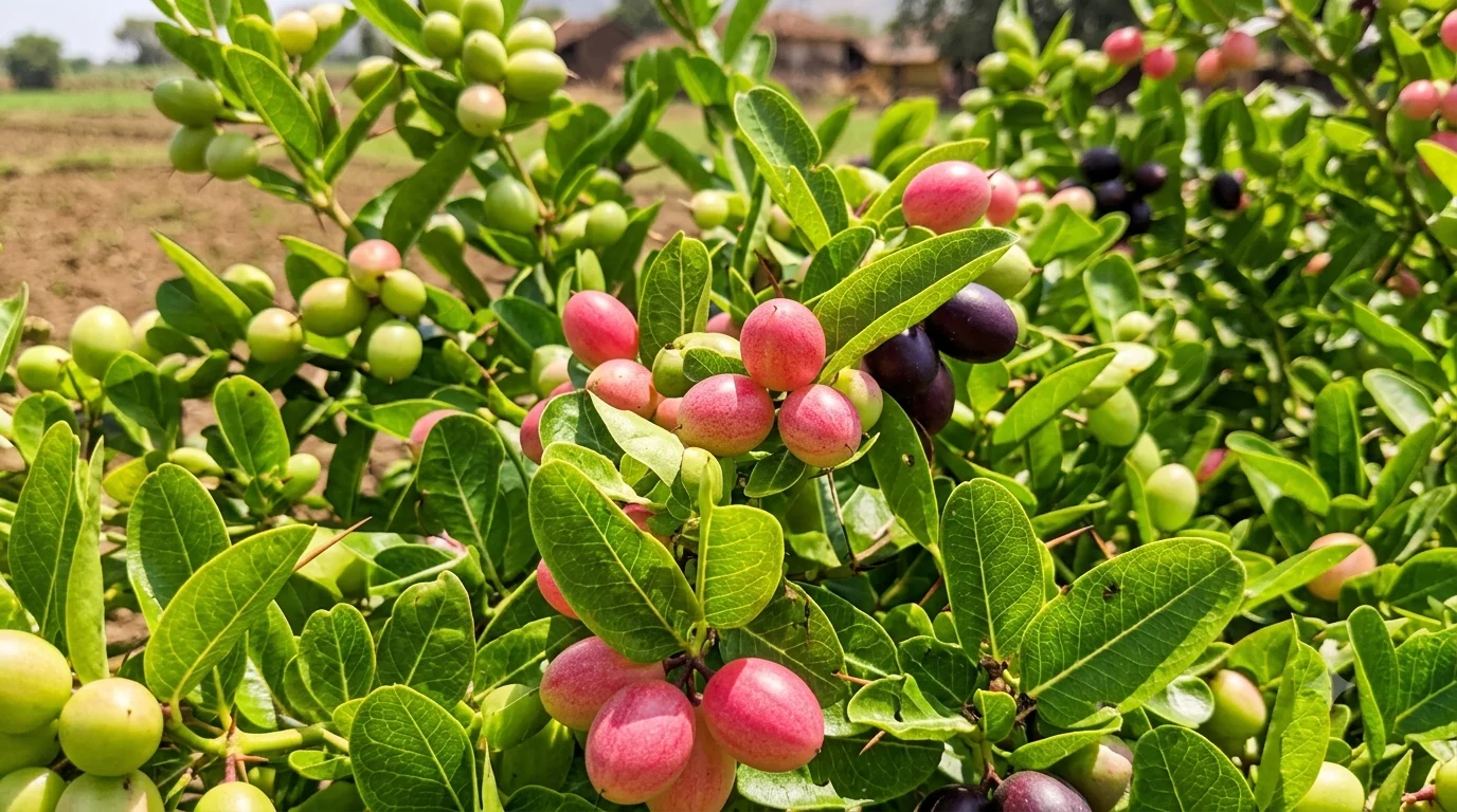 Karunda plants heavy with berries growing at Unique Organic Farm