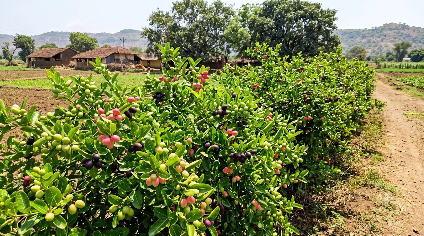 Close-up of ripening karunda berries on the plant at our farm
