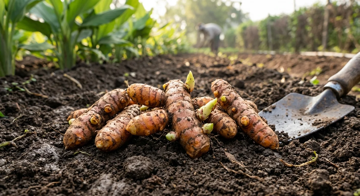 Healthy seed-grade turmeric rhizomes with growth buds on farm soil